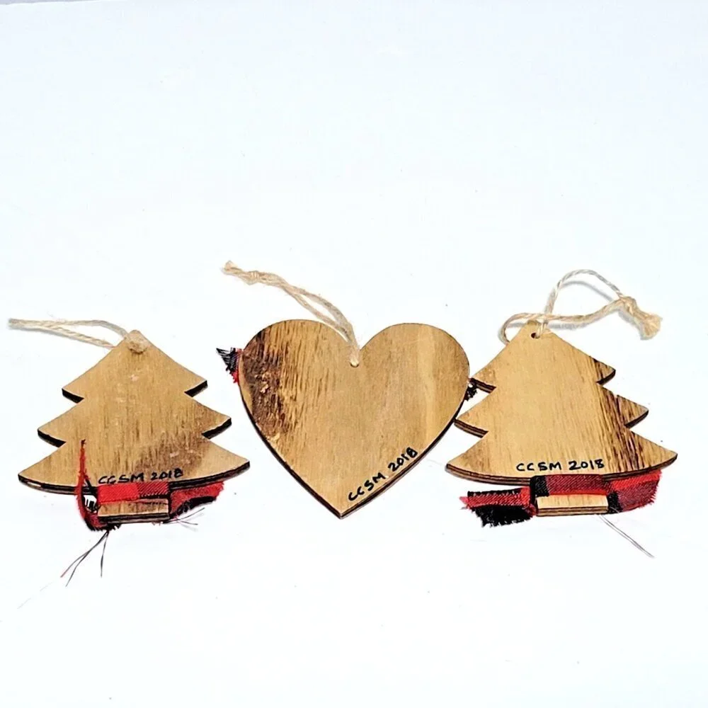 Wooden Christmas Tree Ornaments Set of 3 Trees Heart Buffalo Plaid